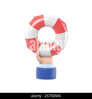 Concetto di aiuto. Lifebuoy tenuta in mano.illustrazione 3d design piatto. Supporto di beneficenza. Simbolo della speranza. Uomo d'affari con un salvagente in acqua. Date aiuto Foto Stock