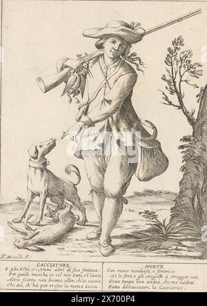 The Hunter, le Ventiquattr'hore dell'humana Felicità (titolo della serie sull'oggetto), The Twenty-Four Hours of Human Happiness (titolo della serie), A Hunter (Cacciatore). Il giovane con la pistola sulla spalla punta al suo cane da caccia con la lepre. Con due versi a quattro righe in italiano. Numerato in alto a destra: 19. Parte della serie 'le ventiquattro ore della felicità umana'., stampa, tipografo: Giuseppe Maria Mitelli, (menzionato sull'oggetto), su disegno personale di: Giuseppe Maria Mitelli, (menzionato sull'oggetto), 1675, carta, incisione, incisione, altezza c. 275 mm x larghezza c. 200 mm, altezza, 394 mm x larghezza, 280 mm Foto Stock