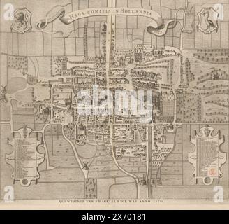 Mappa dell'Aia, 1570, Aenwysinge van S' Hage, com'era nel 1570, Haga-Comitis in Hollandia 1570 (titolo sull'oggetto), Mappa dell'Aia nel 1570, in una vista a volo d'uccello. In alto a sinistra lo stemma dell'Olanda, in alto al centro una banderola con il titolo latino, in alto a destra lo stemma dell'Aia. In basso a sinistra una legenda 1-42, in basso a destra una legenda 43-85. Sotto il titolo olandese., print, print maker: Anonimo, dopo disegno di: Gerrit van Giessen, (menzionato sull'oggetto), editore: Reinier Boitet, (menzionato sull'oggetto), dopo disegno di: L'Aia, editore: Delft, editore: Amsterdam, 1730 - 1736, paper Foto Stock