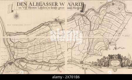 Mappa dell'Alblasserwaard e del Vijfheerenlanden, composta da quattro parti e uno stemma, Den Alblasser Waard e Vyf Heeren Landen, insieme grande 33110. Merge, New caerte mostra l'intero Alblasserwaert (titolo su oggetto), lungo la parte superiore una banderole con il primo titolo. In basso a destra un cartiglio con il secondo titolo e sopra lo stemma dell'Alblasserwaard. A sinistra del cartiglio un contadino, una figura femminile con un giogo del latte, bestiame e oggetti che si riferiscono all'agricoltura. A destra del cartiglio un pescatore con una rete da pesca, un pescatore con un rampino, a. Foto Stock