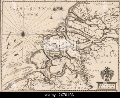 Mappa di Zeeland, Zeelandia Comitatus (titolo sull'oggetto), in alto a destra un bastone in scala: Milliaria Germanica communia. In basso a destra un cartiglio con il titolo e sopra lo stemma di Simon de Beaumont. Graduazione lungo i bordi., stampa, stampatore: Caspar Merian, editore: Caspar Merian, Francoforte sul meno, 1654 - c. 1700, carta, incisione, incisione, incisione, altezza, 259 mm x larghezza, 336 mm Foto Stock