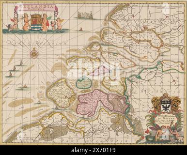 Mappa di Zeeland, Zeelandia Comitatus (titolo sull'oggetto), in alto a sinistra il titolo e lo stemma della Zelanda circondato da tritoni. In alto a destra un bastone di bilancia: Milliaria Germanica communia. In basso a destra un cartiglio con la dedica e lo stemma di John Bullingham di Ketton. Sotto una sirena e un tritone. La mappa ha una griglia di coordinate e una distribuzione dei gradi lungo i bordi., stampa, stampatore: Anonimo, editore: Pieter Schenk (i), Pieter Schenk (i), (menzionato sull'oggetto), Amsterdam, 1636 e/o 1683 - 1711, carta, incisione, incisione, incisione, pennello, altezza, 383 mm x larghezza, 492 mm Foto Stock