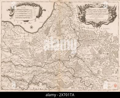 Mappa del Veluwe e del Betuwe, la Veluwe, la Betuwe, et le Comté de Zutphe, dans le Duché de Gueldre, in alto a destra il titolo cartouche. In alto a sinistra un cartiglio con cinque barre di scala e una leggenda. La mappa ha una distribuzione di gradi lungo i bordi., stampa, stampatore: Louis Cordier, (menzionato sull'oggetto), Nicolas Sanson (i), (menzionato sull'oggetto), Guillaume Sanson, (menzionato sull'oggetto), Parigi, 1693, carta, incisione, incisione, altezza, 434 mm x larghezza, 576 mm Foto Stock