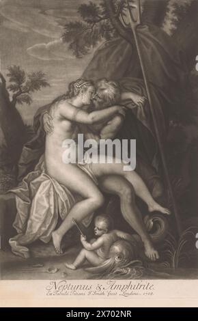 Nettuno e Amphitrite baci, Nettuno e Amphitrite (titolo sull'oggetto), Love Affairs of the Gods (titolo della serie), Loves of the Gods (titolo della serie), print, print maker: John Smith (prentmaker/ uitgever), (menzionato sull'oggetto), dopo stampa di: Giovanni Jacopo Caraglio, (possibilmente), dopo la pittura di: Perino del vaga, Londra, 1708, carta, altezza, 414 mm x larghezza, 280 mm Foto Stock