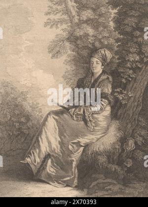 Ritratto di una donna da sogno con un fan, la rêveuse (titolo sull'oggetto), stampa, tipografo: Pierre Alexandre Aveline, (menzionato sull'oggetto), dopo il dipinto di: Jean Antoine Watteau, (menzionato sull'oggetto), editore: Edme Franc Gersaint, (menzionato sull'oggetto), tipografo: Francia, editore: Parigi, 1712 - 1760, carta, incisione, altezza, 277 mm x larghezza, 195 mm Foto Stock