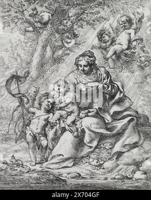 Madonna con bambino e Giovanni Battista in un paesaggio, Maria siede a terra sotto un albero con il bambino Cristo in grembo. Il giovane Giovanni Battista sta sta accanto a lei. Nella sua mano ha uno striscione per la vittoria. Con l'altra mano tiene il piede del bambino. Sopra Maria due putti e un cherubino, nell'albero due putti., stampa, tipografo: Cornelis Schut (i), (menzionato sull'oggetto), su disegno di: Cornelis Schut (i), (menzionato sull'oggetto), sconosciuto, (menzionato sull'oggetto), 1618 - 1655, carta, incisione, altezza, 289 mm x larghezza, 211 mm Foto Stock