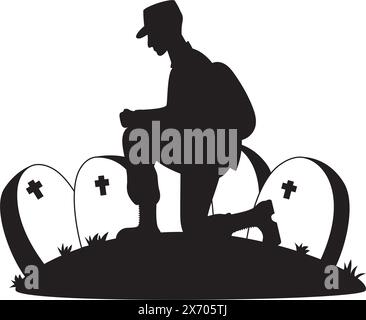 Memorial Day. Soldato militare su un ginocchio nel cimitero di fronte alle tombe. Disegno di silhouette vettoriale Illustrazione Vettoriale