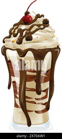 Sundae di gelato con sciroppo al cioccolato e ciliegia Illustrazione Vettoriale