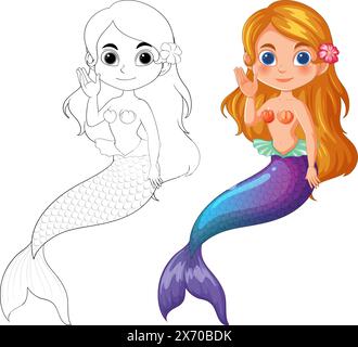 Due sirene, una colorata e una line art Illustrazione Vettoriale