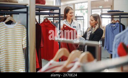 Negozio di abbigliamento: Un addetto alle vendite professionista parla con una bella cliente femminile, acquista abiti eleganti, scegli marchi alla moda e sostenibili. Proprietario e progettista di piccole e medie imprese che parlano con il cliente Foto Stock