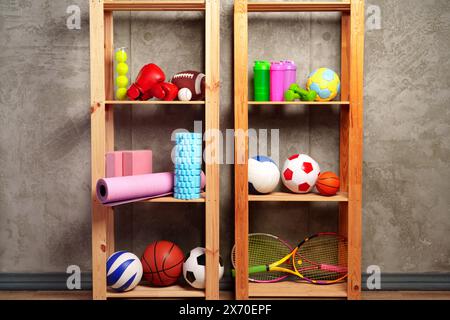 Ripiani con diverse attrezzature sportive contro il muro verde Foto Stock