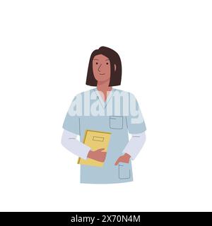 Personaggio di infermiera che indossa un'uniforme professionale con file in mano. Personale medico sanitario Illustrazione Vettoriale