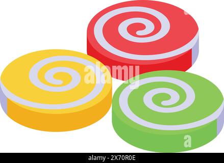 Immagine vettoriale isometrica vibrante e colorata di icone di caramelle dolci assortite con motivi a strisce rosse, gialle e verdi su sfondo bianco Illustrazione Vettoriale