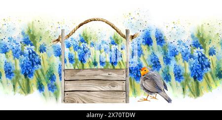 Bordo senza cuciture in acquerello con giacinti in fiore blu-viola in scatola di legno e uccello carino, illustrazione dello stile provenzale, schizzo disegnato a mano di blu S. Foto Stock
