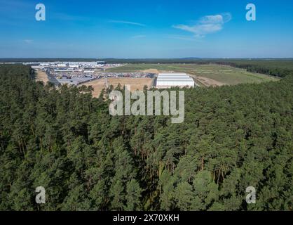 17 maggio 2024, Brandeburgo, Grünheide/ OT Hangelsberg: Una fitta foresta si trova nella parte orientale del sito Tesla Gigafactory (foto scattata con un drone). Giovedì sera i rappresentanti municipali di Grünheide hanno approvato un piano di sviluppo che spiana la strada a un'espansione della fabbrica Tesla. Il produttore di automobili desidera espandere il proprio sito per includere un deposito merci e aree logistiche. Foto: Soeren Stache/dpa Foto Stock