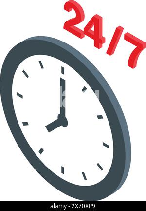 Illustrazione vettoriale isometrica di un orologio con 247 rosso, che simboleggia il funzionamento continuo o il servizio Illustrazione Vettoriale
