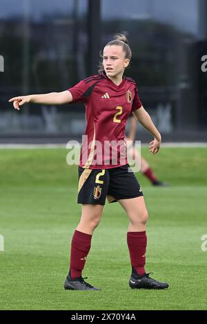 Tubize, Belgio. 16 maggio 2024. Janthe Ruymen (2) del Belgio nella foto durante una partita amichevole di calcio tra le nazionali under 16 del Belgio, chiamate le fiamme rosse, e la Germania giovedì 16 maggio 2024 a Tubize, in Belgio. Crediti: Sportpix/Alamy Live News Foto Stock
