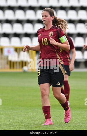 Tubize, Belgio. 16 maggio 2024. Noor Persyn (18) del Belgio, nella foto di giovedì 16 maggio 2024 a Tubize, in Belgio, durante una partita amichevole di calcio tra le nazionali under 16, chiamate le fiamme rosse, e la Germania. Crediti: Sportpix/Alamy Live News Foto Stock