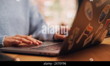 Le riprese ravvicinate delle mani femminili della persona utilizzano un computer portatile con diversi adesivi LGBT mentre si è seduti a un tavolo. Designer creativo in maglione blu digitazione su tastiera, navigazione in Internet. Foto Stock