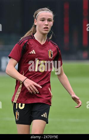 Tubize, Belgio. 16 maggio 2024. Lillemor Lehoucq (16) del Belgio, nella foto di giovedì 16 maggio 2024 a Tubize, in Belgio, durante una partita amichevole di calcio tra le nazionali under 16, chiamate le fiamme rosse, e la Germania. Crediti: Sportpix/Alamy Live News Foto Stock
