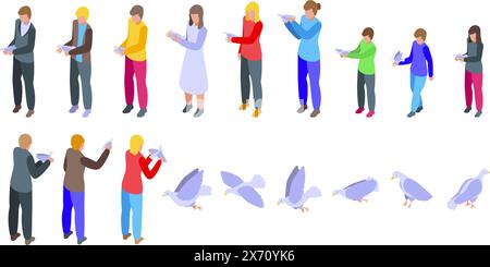 Persone che hanno un vettore di colomba bianca. Un gruppo di persone tiene gli uccelli in mano. Gli uccelli sono di diverse dimensioni e colori. Le persone sono in fila, con alcuni più vicini al fronte e altri più indietro Illustrazione Vettoriale