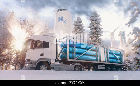 Un camion con un dispositivo di riempimento dell'idrogeno, serbatoi di idrogeno e una centrale eolica nel mezzo di una foresta innevata nella splendida luce del mattino. 3D rende Foto Stock