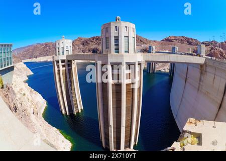 Panorama sferico delle Torri Penstock della diga di Hoover Foto Stock