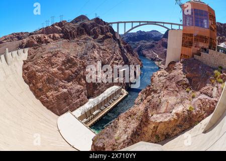 Vista della diga di Hoover e del ponte di bypass Foto Stock