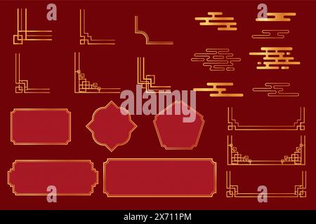 Situato in un angolo asiatico, il tradizionale nodo dorato confina con un antico ornamento, cornici d'epoca nuvole isolate sullo sfondo. Decorazioni di linea elegante e dorata. Illustrazione vettoriale Illustrazione Vettoriale