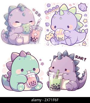 Boba tea dinosauro bevitore simpatico kawaii ilustrazioni per adesivi, emoticon, decorazione della stanza, logo, grafica, clipart, isolato, character design, Foto Stock