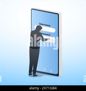 le persone mettono le password sui telefoni cellulari e gli hacker le riprendono, una metafora per il furto di password Illustrazione Vettoriale