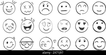 Icona dei volti delle emoji in stile disegnato a mano. Illustrazione vettoriale delle emoticon su sfondo isolato. Concetto di business dei cartelli facciali felici e tristi. Illustrazione Vettoriale