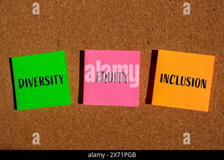 Parole di diversità, equità e inclusione scritte su carte colorate con sfondo marrone. Diversità concettuale, equità e inclusione DEI simboli. Copia sp Foto Stock