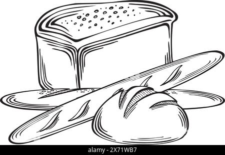 Baguette di pane francese e pane rotondo. Prodotti da forno di frumento e segale. Illustrazione piatta vettoriale lineare, isolata. Disegnare prodotti alimentari freschi. Templat Illustrazione Vettoriale