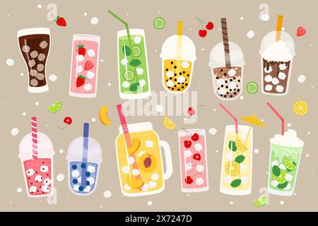 Set di bevande estive. Raccolta di cocktail freschi, succhi di frutta, frullati, bollicine, ecc. Illustrazione vettoriale in stile piatto Illustrazione Vettoriale