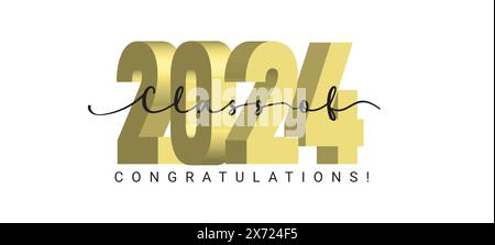 Classe 2024, banner per scrittura di parole Congratulazioni modello di laurea per design party liceo o college, lettere per laureati con cappello accademico Illustrazione Vettoriale