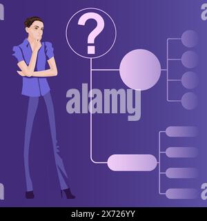 Donna utilizza un diagramma ad albero decisionale per identificare un problema o un'opportunità nel processo decisionale. Concetto di business. Illustrazione vettoriale piatta. Illustrazione Vettoriale