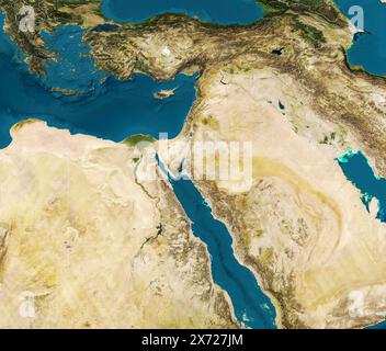 Mappa fisica del mondo, vista satellitare del Medio Oriente. Africa, Asia. Rilievi e oceani. Elementi di questa immagine sono forniti dalla NASA Foto Stock