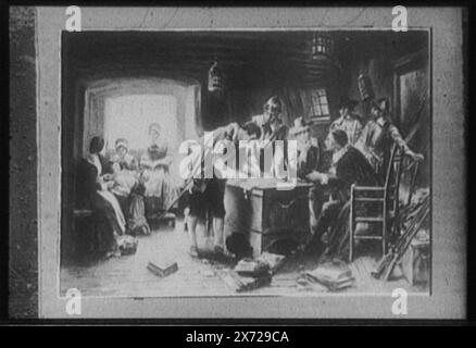 Firma del compatto nella cabina del Mayflower, titolo ideato dal catalogatore., fotografia di un dipinto firmato Percy Moran, che mostra Myles Standish, William Bradford, William Brewster e John Carver che firmano il Mayflower Compact in a Cabin, immagine videodisc lateralmente invertita., No Detroit Publishing Co. No., Gift; State Historical Society of Colorado; 1949, Bradford, William, 1588-1657. , Brewster, William, 1566 o 7-1644. , Carver, John, circa 1576-1621. , Standish, Myles, 1584?-1656. , Mayflower (nave) , Mayflower Compact, (1620) , Pellegrini (New Plymouth Colony) Foto Stock