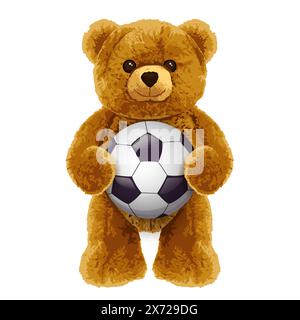 Giocattolo orso marrone che regge la palla da calcio. Illustrazione vettoriale realistica isolata su sfondo bianco. Simpatico giocatore di football personaggio. Moda Illustrazione Vettoriale