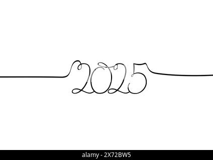 2025, disegno a linea singola, disegno a mano, scrittura lineart nuovo anno. Sfondo bianco isolato dal vettore Illustrazione Vettoriale