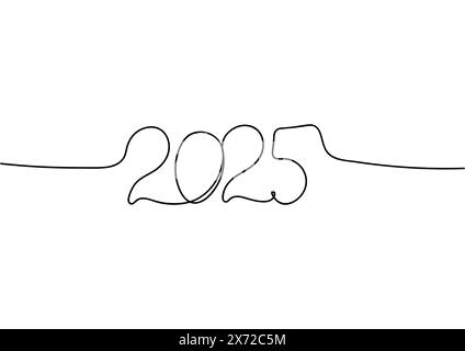 2025, linea singola , disegno a mano, lineart lettering anno nuovo. Illustrazione vettoriale sfondo bianco isolato Illustrazione Vettoriale