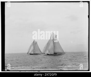 Columbia and Defender, spinnakers set, elencato in Detroit, Catalogue F AS Aug. 12, 1899; 'Aug 14' su negative., '10' su negative., Detroit Publishing Co. N. 05484., Gift; State Historical Society of Colorado; 1949, Columbia (Sloop) , Defender (Yacht) , Regate. , Yachts. Foto Stock