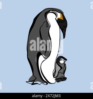 Illustrazione vettoriale in stile cartoni animati Pinguino isolata su sfondo blu. Design minimalista Illustrazione Vettoriale