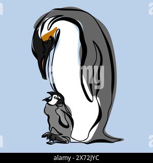 Illustrazione vettoriale in stile cartoni animati Pinguino isolata su sfondo blu. Design minimalista Illustrazione Vettoriale