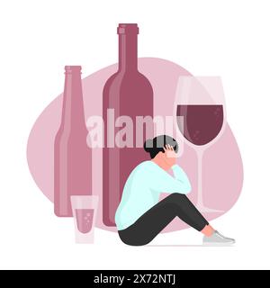 Donna depressa seduta accanto a bottiglie e bicchieri: Abuso di alcol e concetto di alcolismo Illustrazione Vettoriale