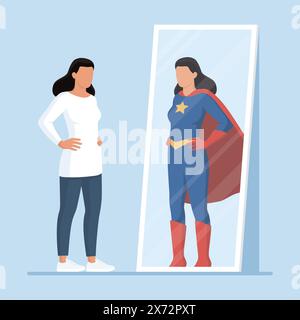 Donna sicura di sé che guarda uno specchio e si vede come una supereroina, un'identità e un concetto di empowerment Illustrazione Vettoriale