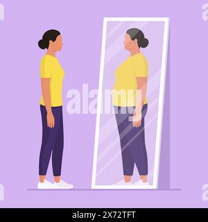 Donna che guarda lo specchio e si vede come sovrappeso: Disturbi alimentari e concetto di anoressia Illustrazione Vettoriale