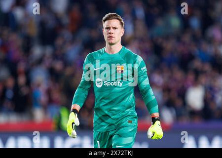 Barcellona, Spagna. 13 maggio 2024. Ter Stegen in azione durante il LaLiga EA Sports match tra FC Barcelona e Real Sociedad all'Estadi Olimpic Foto Stock