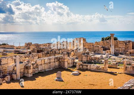 Κourion antiche rovine della città antica. Casa d'Achille Basilica di Kourio presso il Santuario di Apollo presso il sito archeologico di Kourion, patrimonio dell'umanità Foto Stock